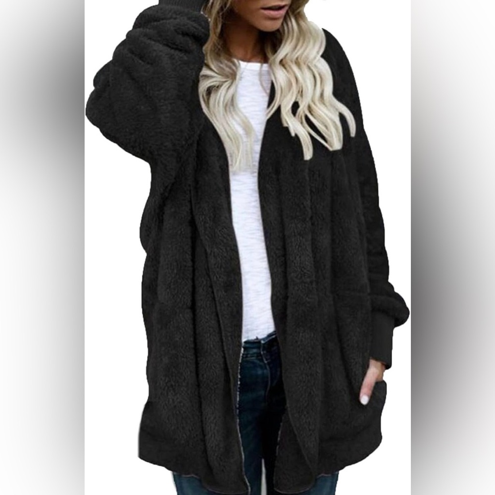 Oversized Fuzzy Open Front Hooded Shaggy Fleece Sweater